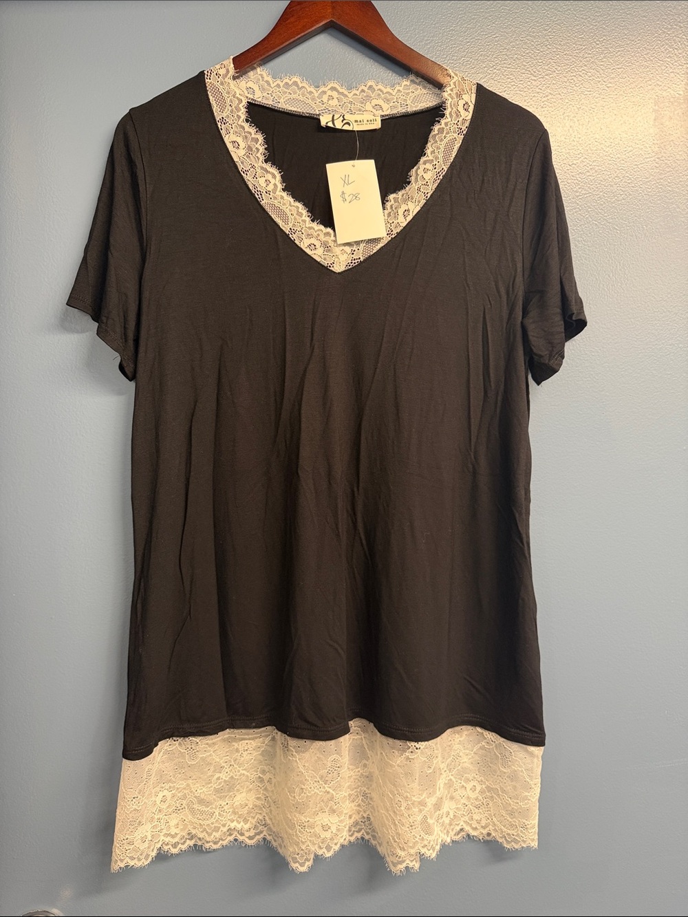 Women's Black V-Neck Tunic with Cream Lace Trim